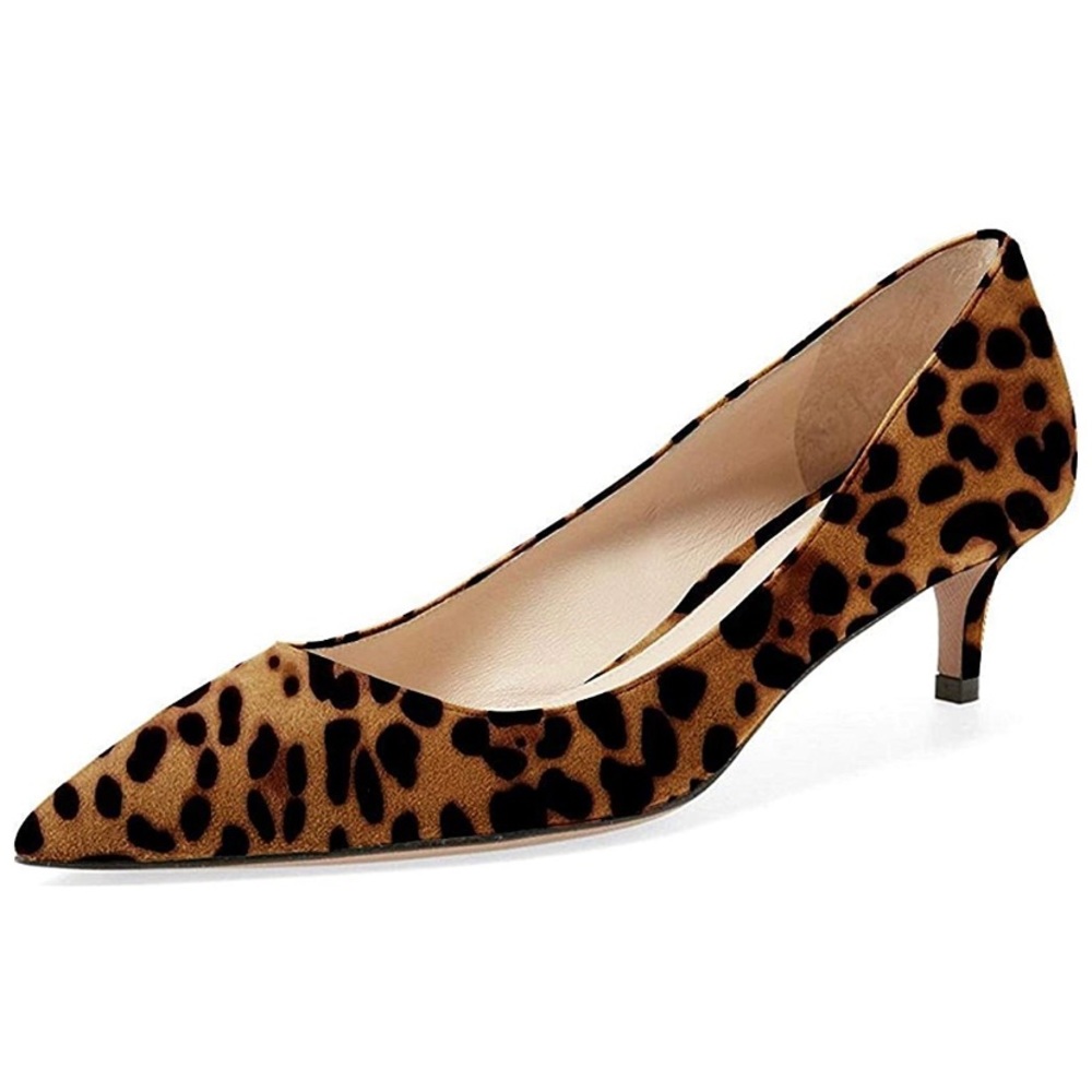 Pointed Toe Suede Leopard Low Kitten Heel Pumps